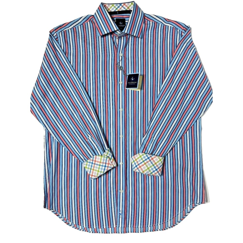 NWT $99 Tailor Byrd LS Button Down Shirt Blue Pink Stripe Flip Cuff Men’s Size L